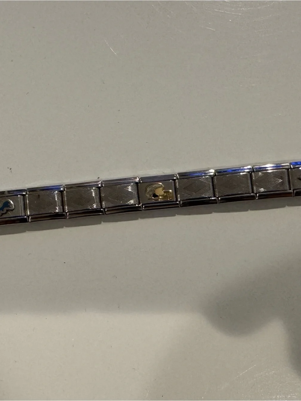 Stainless Steel Silver Tone Link Bracelet with Gold Accent